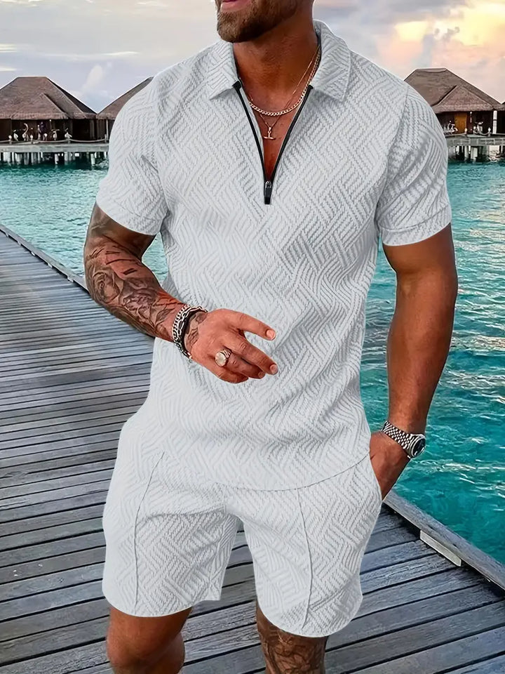 Complete comfortabele herenset: stijlvolle katoen-polyester outfit voor lente en zomer. Moderne mannenmode.