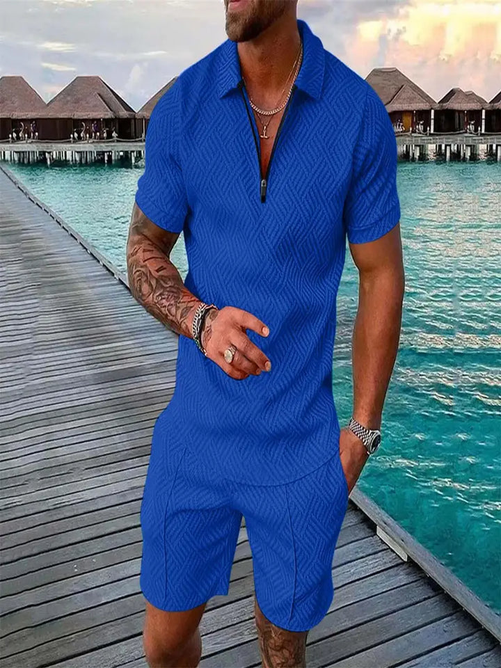 Trendsettende herenset: comfortabele katoen-polyester kleding, stijlvol voor lente/zomer. Veelzijdig en modern.