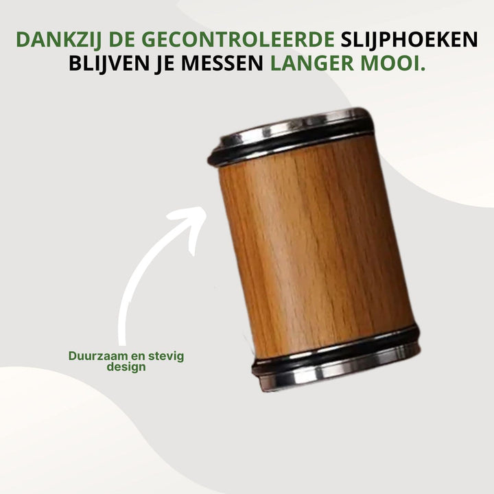 Duurzame houten messenslijper, een essentieel keukenaccessoire voor vlijmscherpe messen in elke keuken.