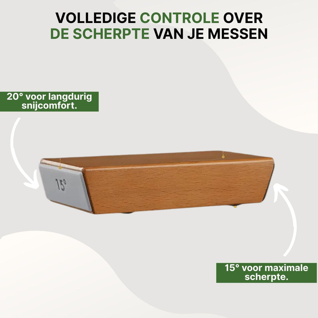 Handmatige houten messenslijpsysteem met elegant houtdesign, garandeert altijd vlijmscherpe messen.