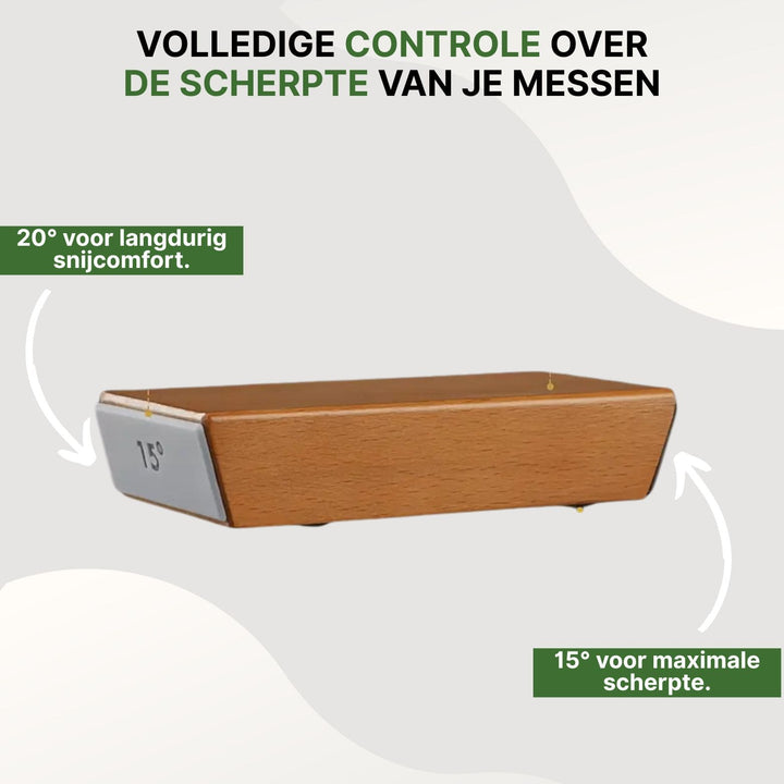 Handmatige houten messenslijpsysteem met elegant houtdesign, garandeert altijd vlijmscherpe messen.