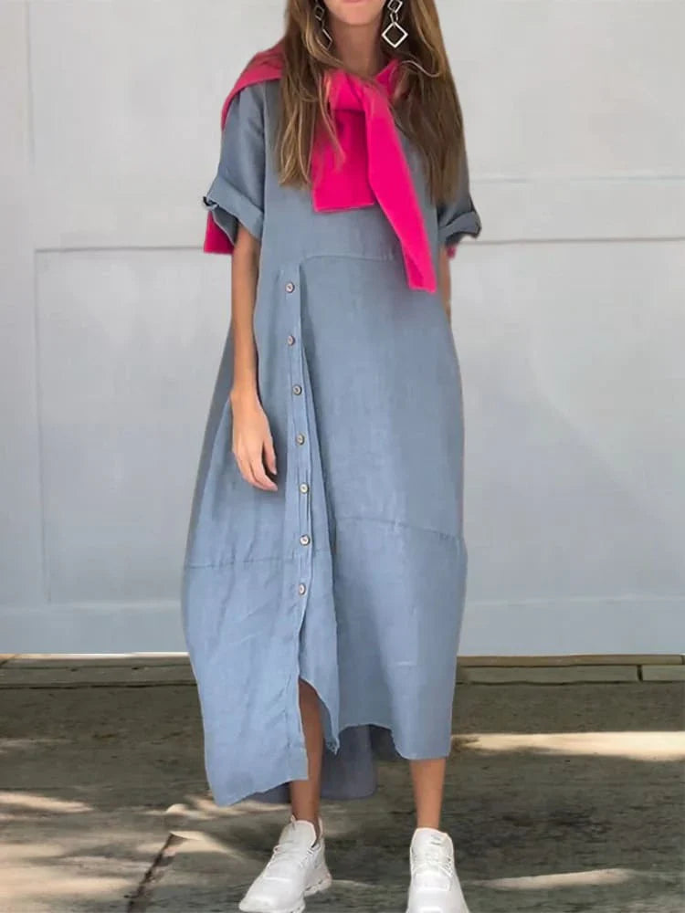 "Stijlvolle Lainey linnen katoenen jurk met ronde kraag en 1/2 mouwen, ademend en comfortabel voor casual elegantie."
