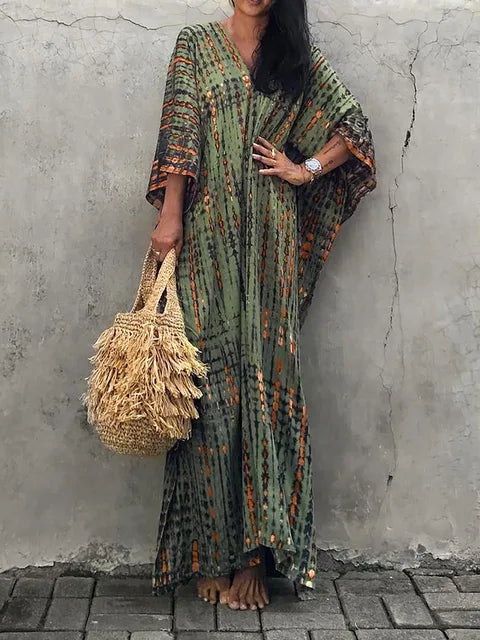 "Stijlvolle luchtige zomer kaftan maxi jurk voor dames, perfect voor stranddagen in exotisch design en ademende stof."