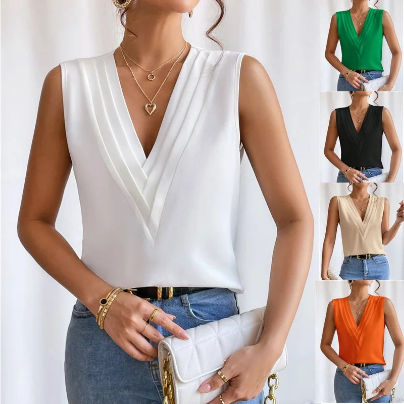 "Stijlvolle mouwloze blouse met V-hals, luchtige pasvorm. Perfect voor warme dagen, combineer met casual of formele outfits."