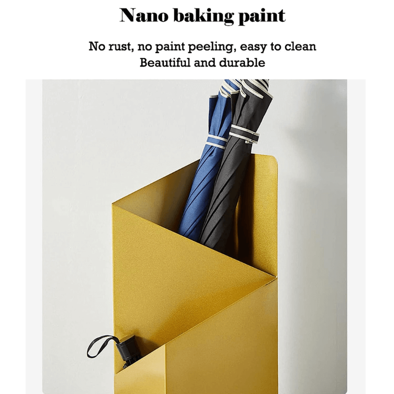 "Stijlvolle parapluhouder met lekbak in strakke geometrische Scandinavische stijl, met metalen afwerking voor entree."