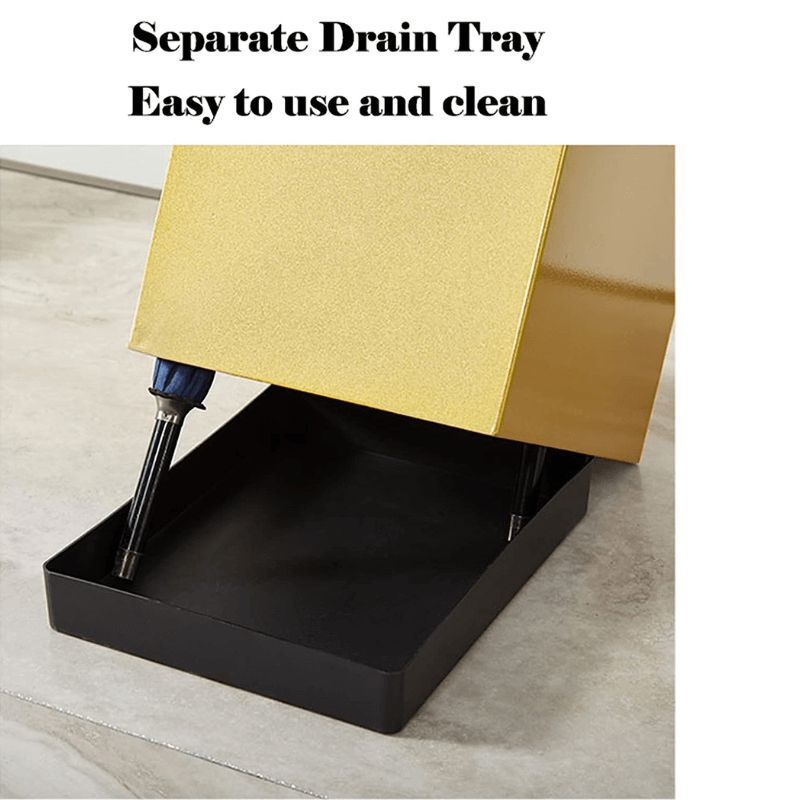 "Stijlvolle parapluhouder met lekbak in strakke geometrische Scandinavische stijl, met metalen afwerking voor entree."