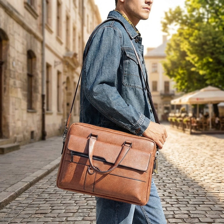 Stijlvolle PU lederen zakelijke laptoptas MetroBrief met verstelbare schouderband voor mannen en vrouwen.