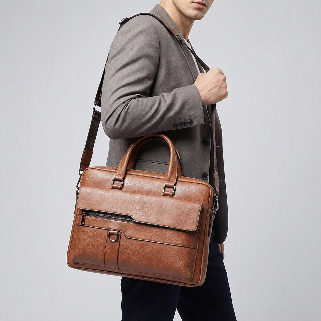 Unisex MetroBrief laptoptas: professionele aktetas van PU leer met schouderband, ideaal voor werk en reizen.