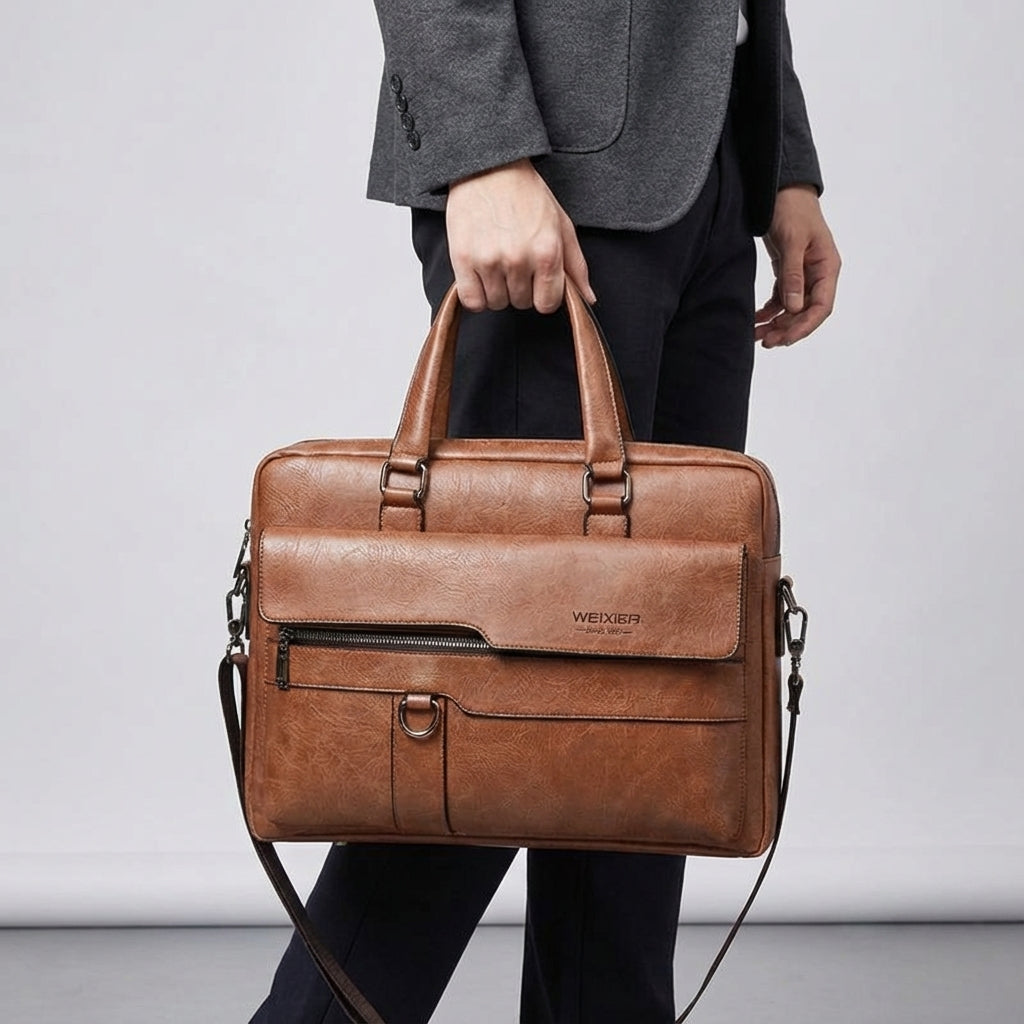 Robuuste MetroBrief reistas: PU lederen laptoptas met schouderband, perfect voor zakelijke reizen en dagelijks gebruik.