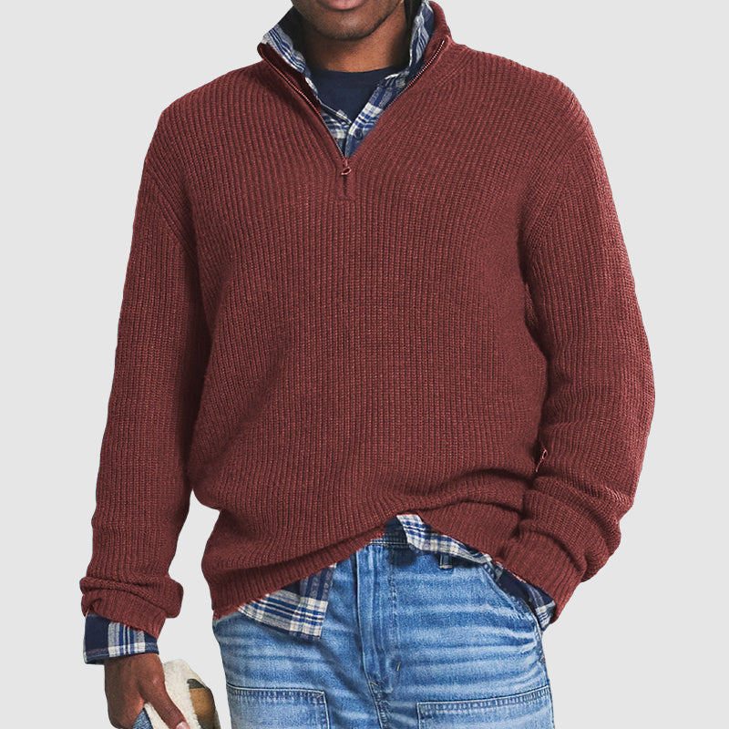 Stijlvolle rode luxe heren pullover met ritssluiting, comfortabel voor zakelijk casual herfst- en wintermode.