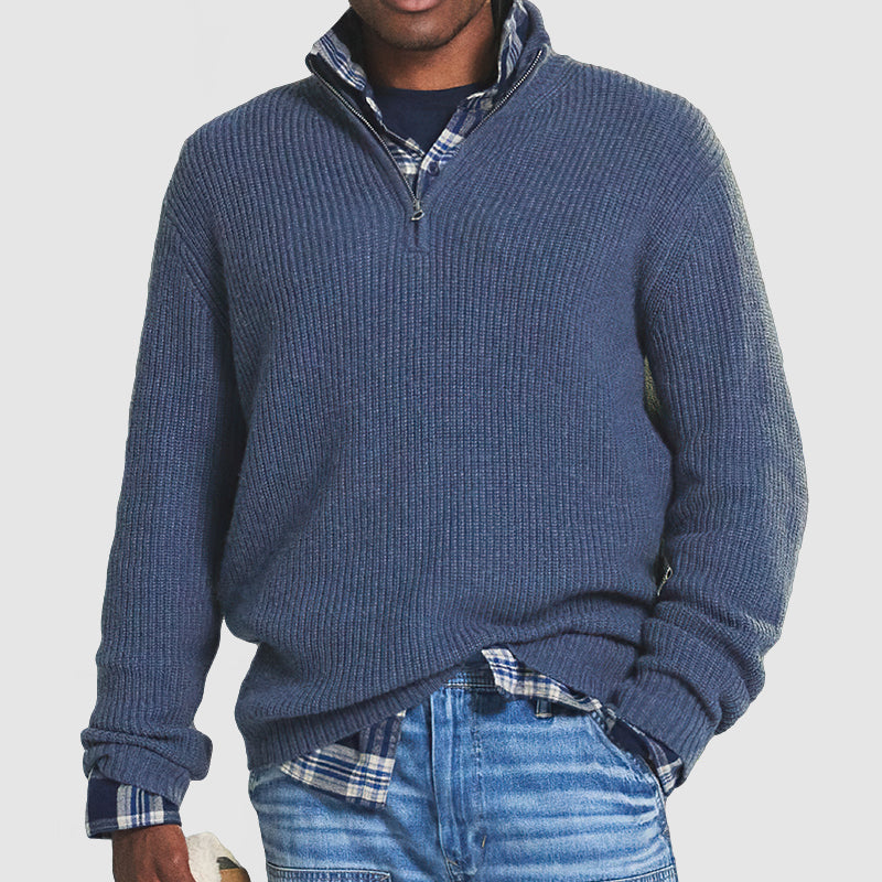 Elegante blauwe heren trui met rits, perfect voor comfortabele wintermode of stijlvolle zakelijke outfits.