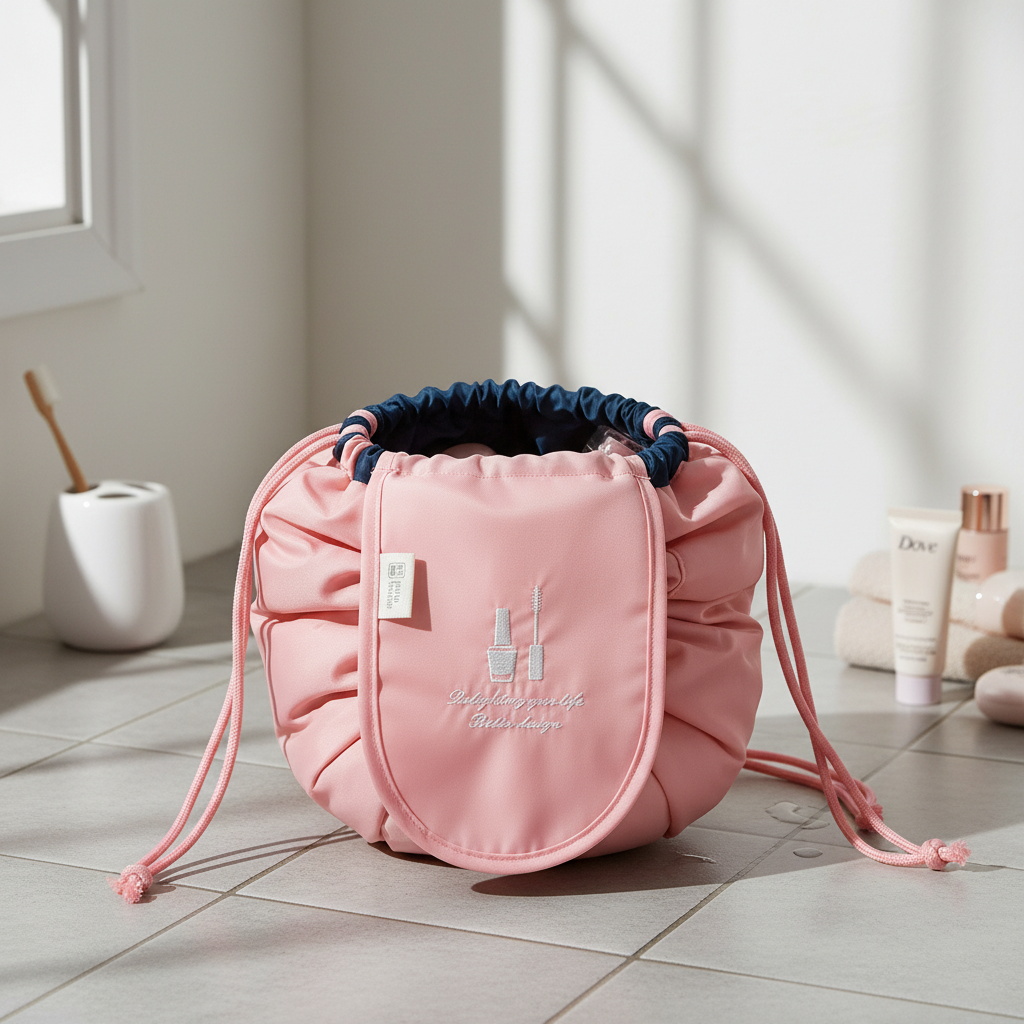 Stijlvolle roze dames reis toilettas, Koreaans design. Ideaal voor cosmetica, make-up en georganiseerd reizen.