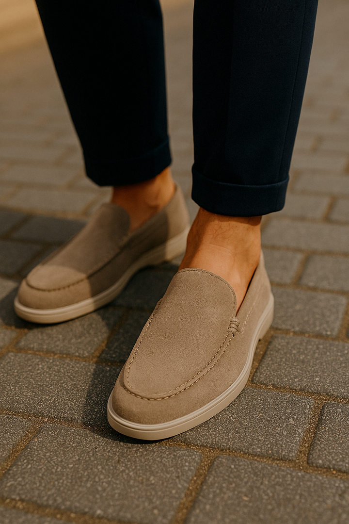 "Stijlvolle suède herenloafers in khaki, ontworpen voor ultiem comfort en veelzijdigheid, geschikt voor elke gelegenheid."
