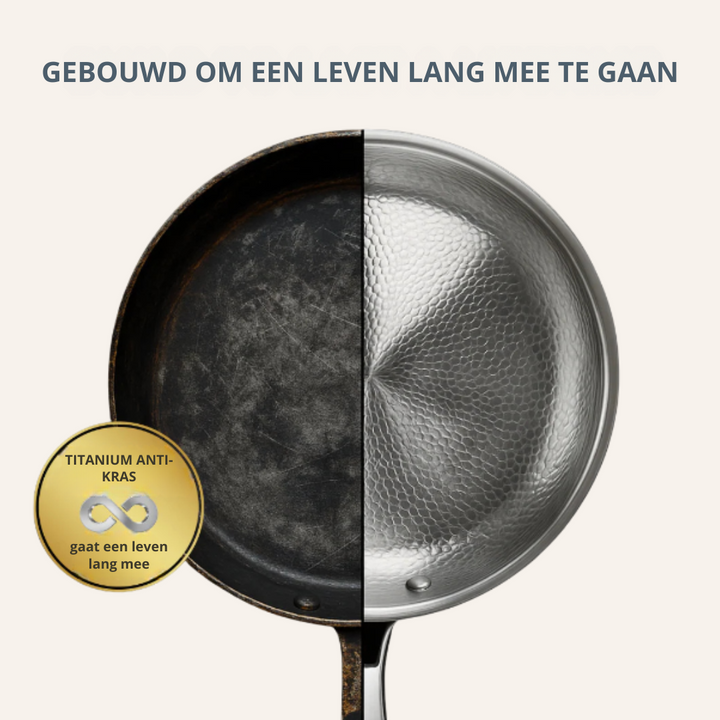 Duurzame titanium koekenpan met uniek gehamerd design. Essentieel gifvrij kookgerei voor elke keuken.