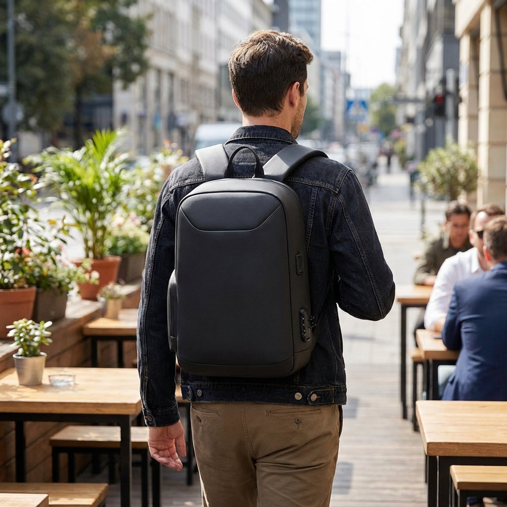 Stijlvolle unisex antidiefstal zakelijke rugzak (ChargePack) met laptopvak en USB-poort voor veilig pendelen.