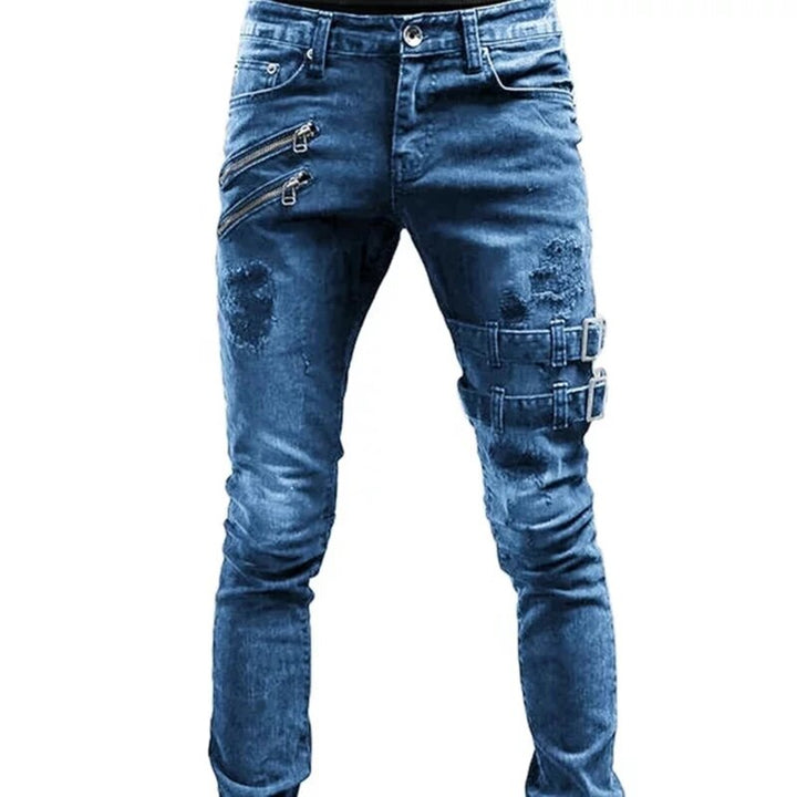 Stijlvolle urban denim joggers voor heren, biker look met gescheurde details en fake ritsen, comfortabel en modieus.