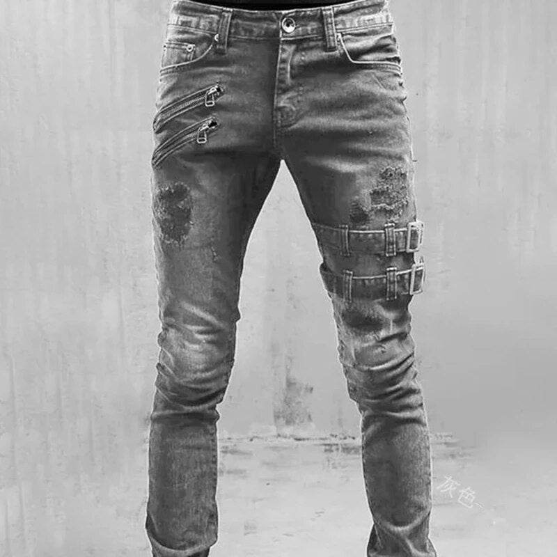 Stijlvolle urban denim joggers voor heren, biker look met gescheurde details en fake ritsen, comfortabel en modieus.