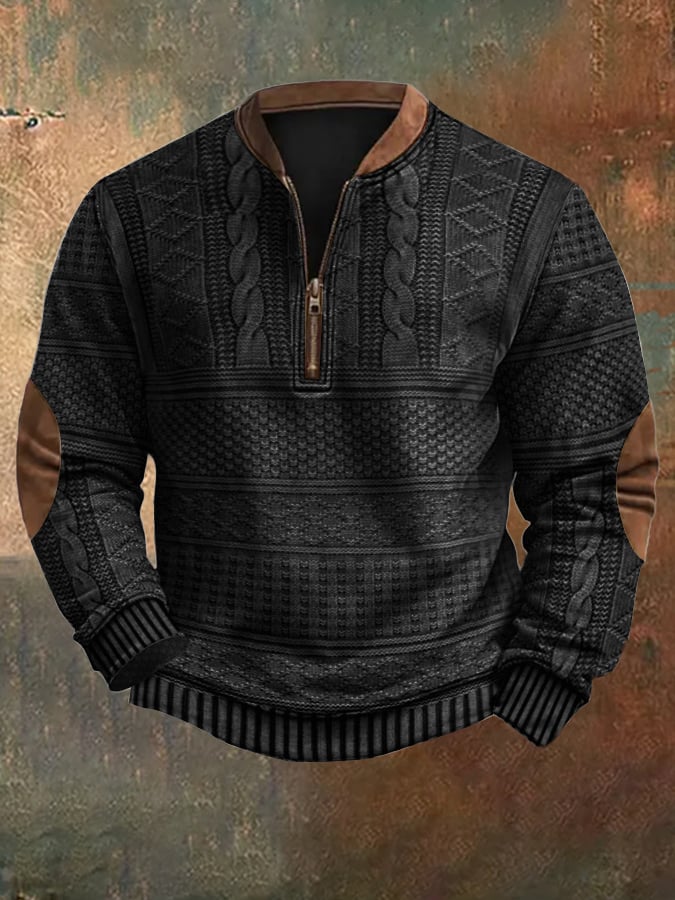 Stijlvolle vintage gebreide heren sweater met rits, ideaal voor een comfortabele wintermode.