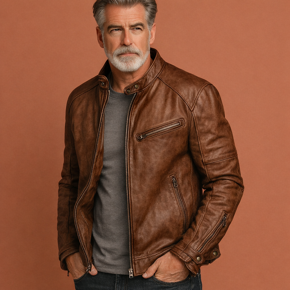 Comfortabele leren herenjas met opstaande kraag voor een casual maar elegante look. Ideale herfst- en winterjas.