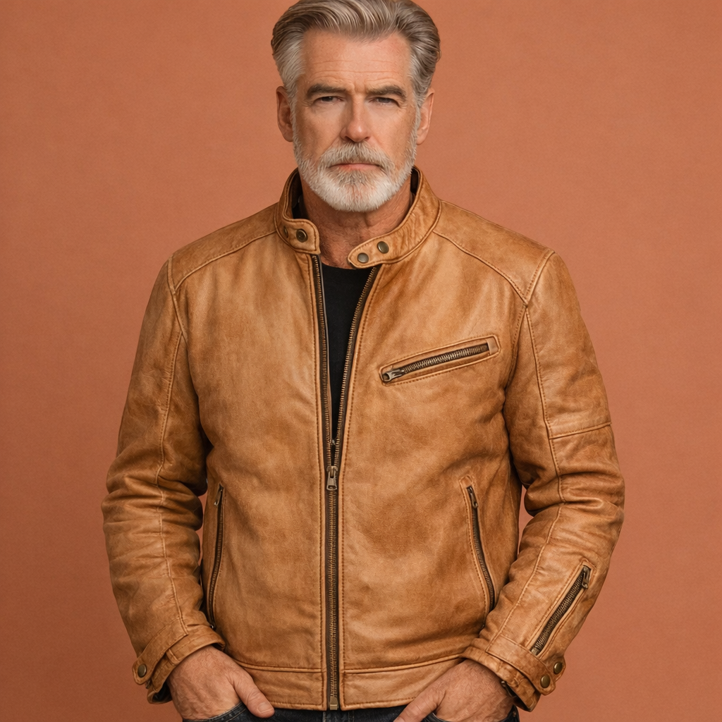 Modieuze heren leren jas met karakteristieke opstaande kraag. Essentiële herenmode bovenkleding voor dagelijks gebruik.
