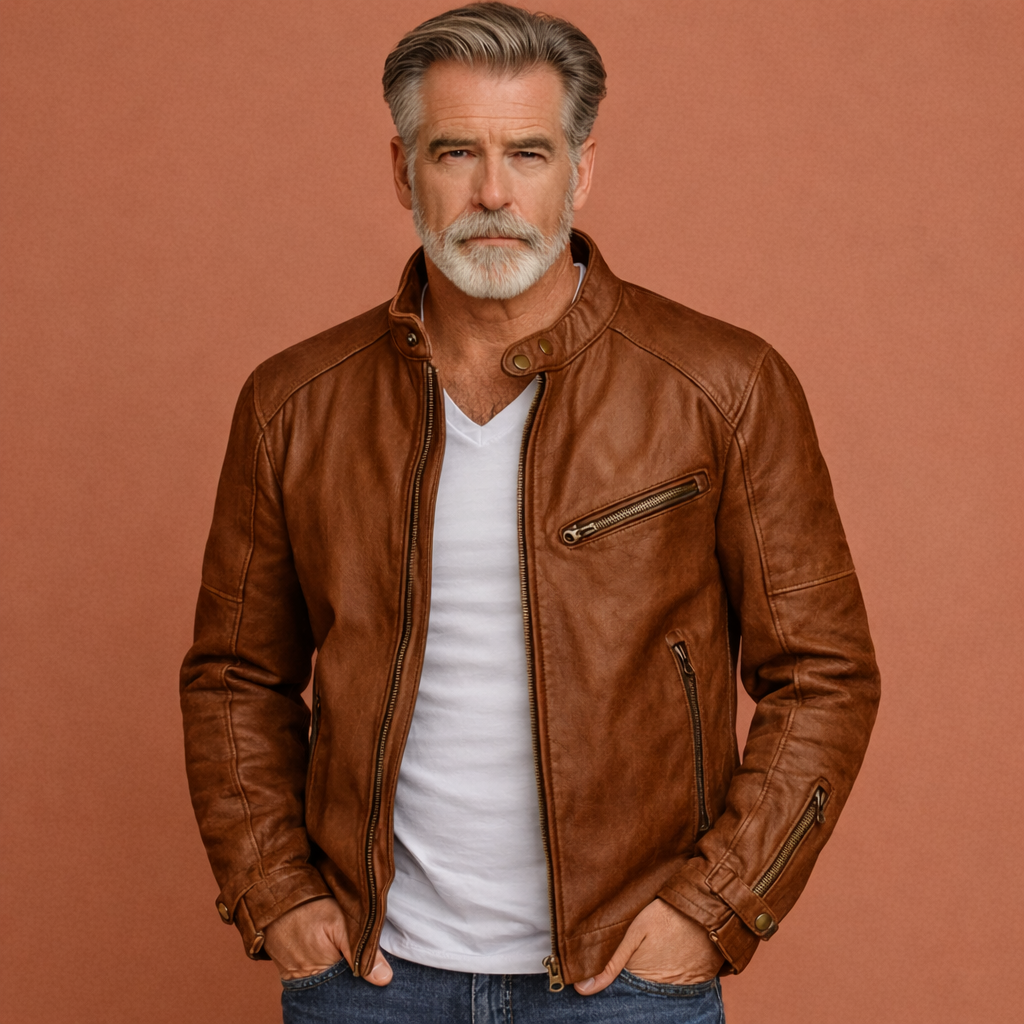 Leren herenjas met robuuste ritssluiting en trendy opstaande kraag, perfect voor herfst en winter.
