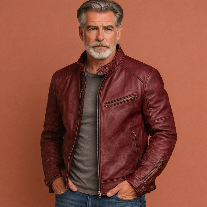 Heren leren jas, veelzijdig en stijlvol, met praktische opstaande kraag. Geschikt als casual of elegante winterjas.