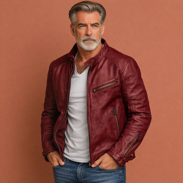 Comfortabele, kwalitatieve leren herenjas met opstaande kraag, geschikt voor zowel geklede als casual outfits.