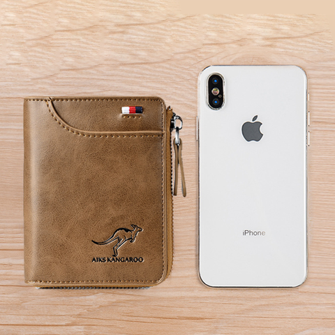 "Stijlvolle zwarte leren herenportemonnee met RFID-bescherming en anti-diefstal functies, meerdere vakken voor kaarten."