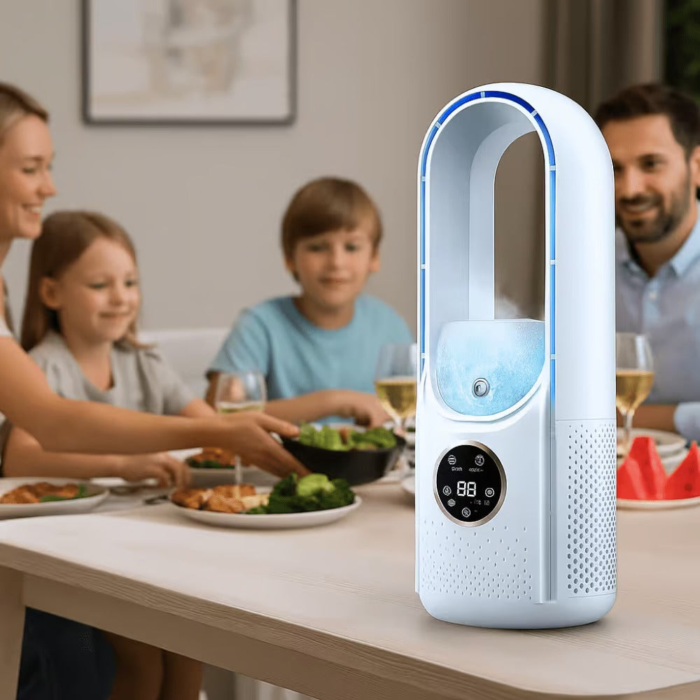 Compacte USB bladloze ventilator en luchtkoeler; ideaal voor draagbare verkoeling thuis of kantoor.