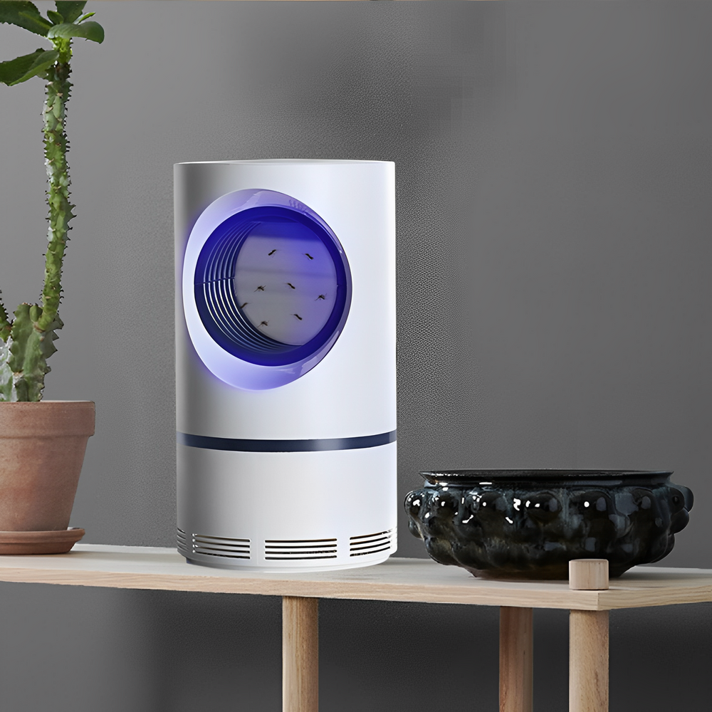 "Stille elektrische LED muggenlamp met UV-licht en ventilator, ideaal voor muggenbestrijding binnen en buiten."