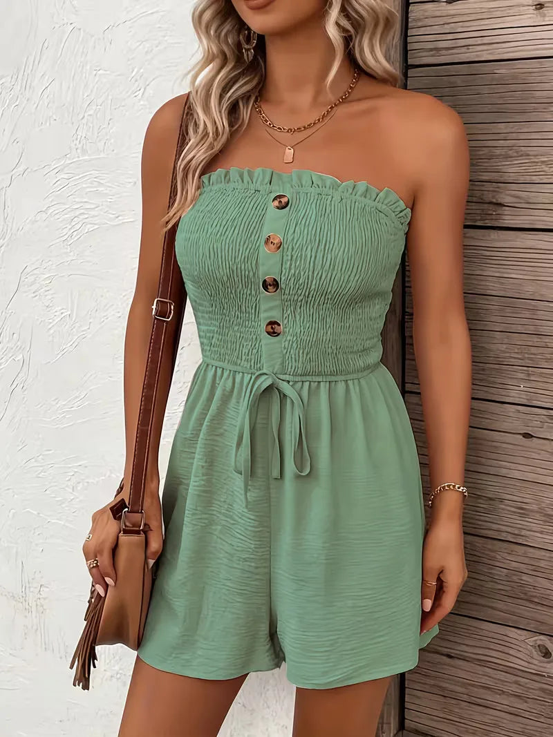 Casual strapless playsuit dames, wijde pijpen, strik taille, ideale zomerkleding.