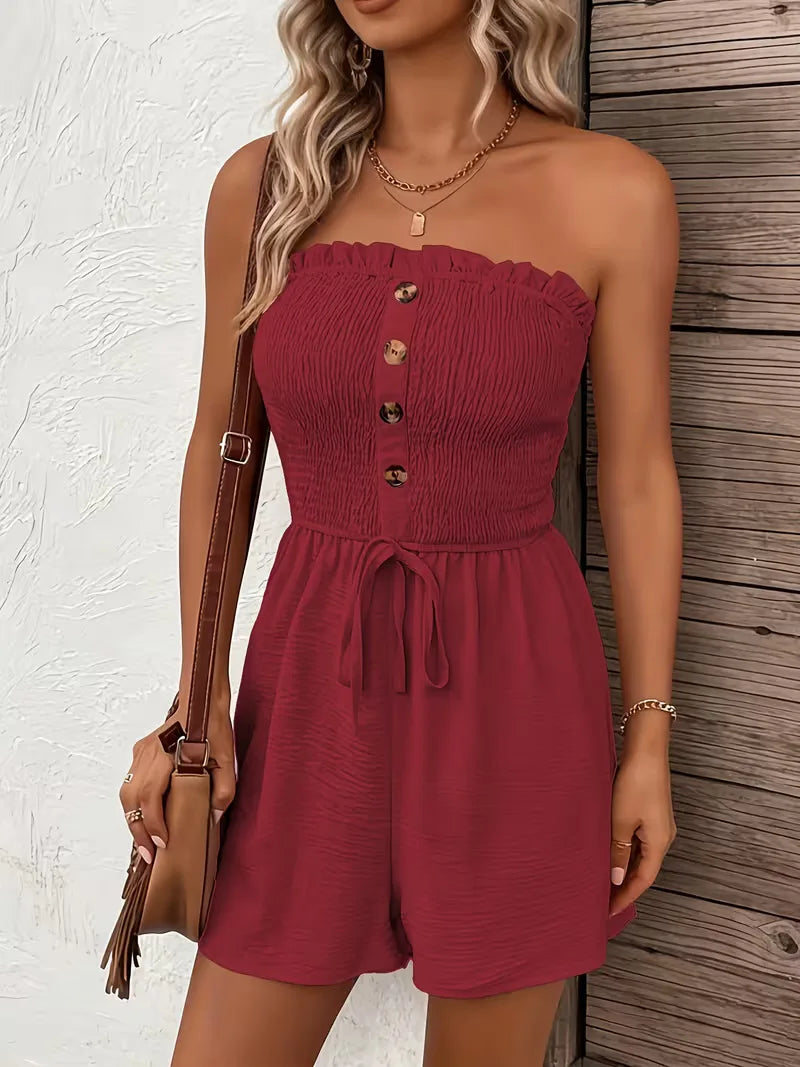 Elegante strapless playsuit met wijde pijpen, gesmokt, een must-have voor de zomer.