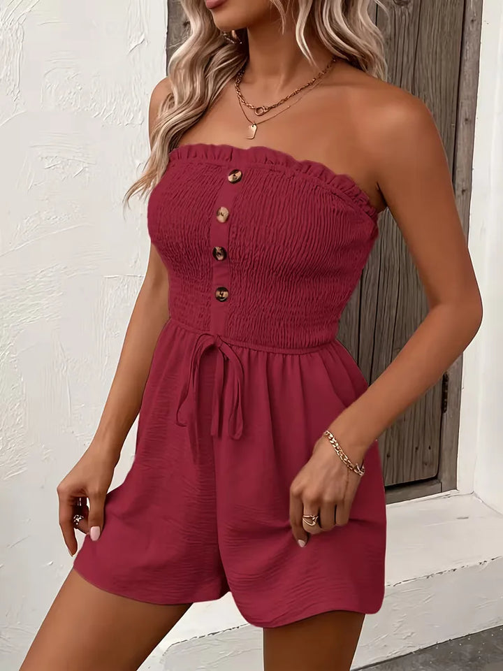Dames playsuit strapless, wijde pijpen, strikdetail, ideale zomeroutfit met stijl.