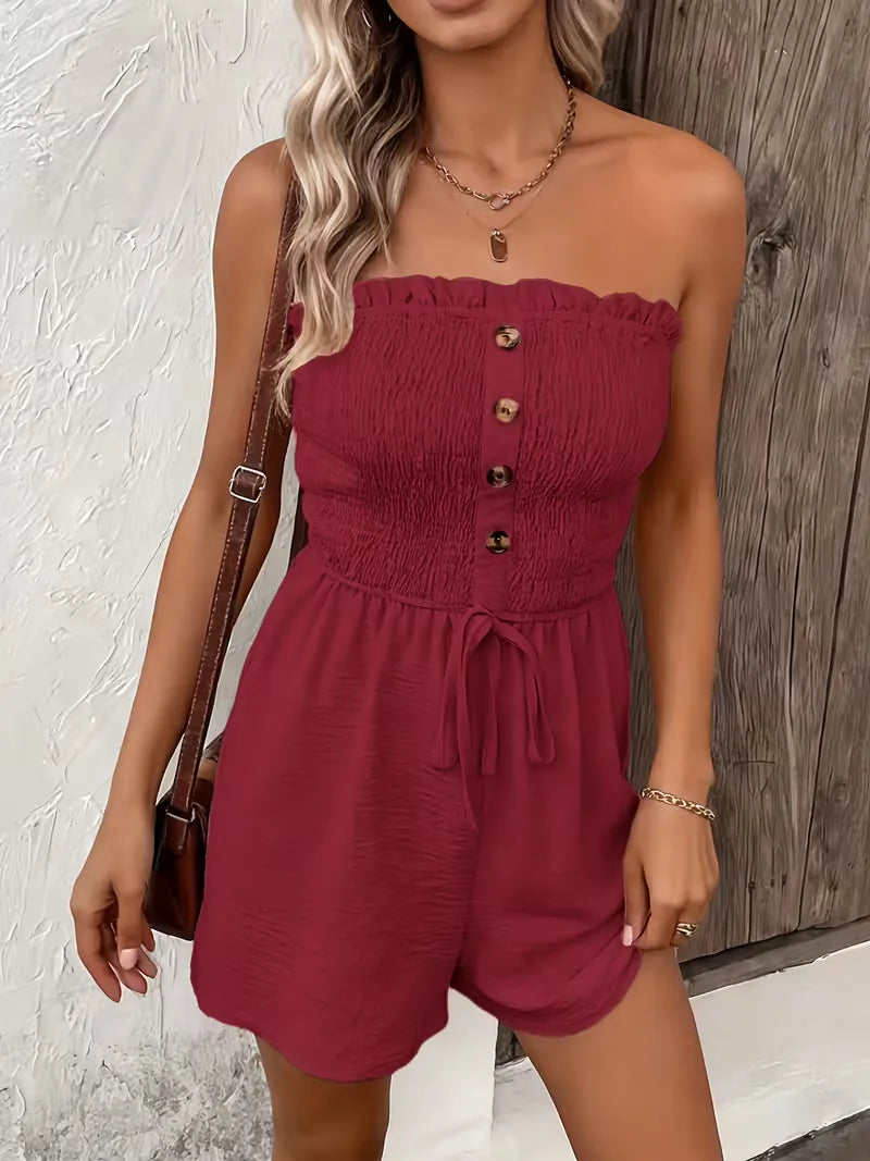Trendy strapless playsuit dames, wijde pijpen en gesmokt, comfortabele vakantie mode.