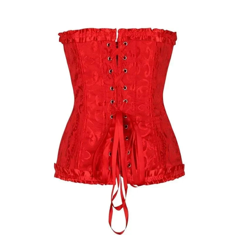 Strapless zwart kanten dameskorset met bloemenpatroon en verstelbare sluiting; elegant design, ideaal voor diverse gelegenhed