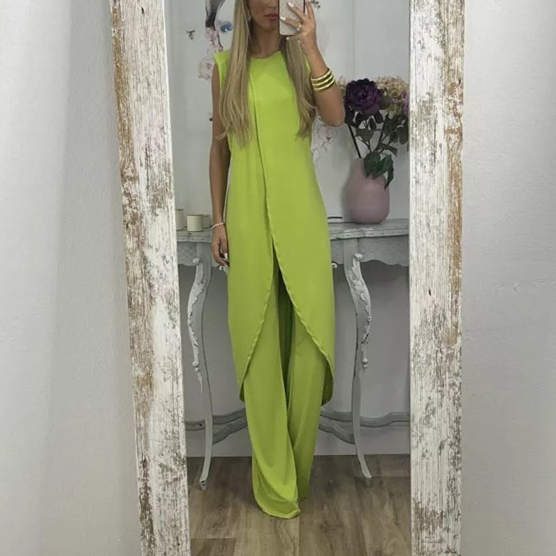 Sylvia tweedelige damesoutfit, elegante top en uitlopende broek, comfortabel en geschikt voor elke gelegenheid.