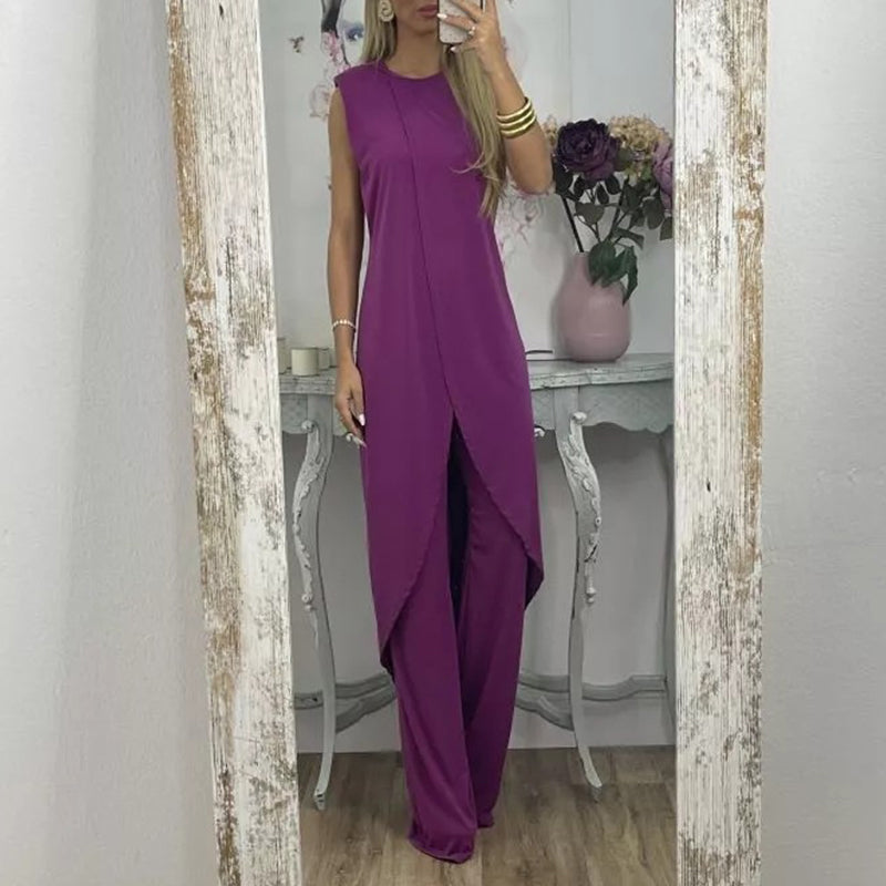 Sylvia tweedelige damesoutfit, elegante top en uitlopende broek, comfortabel en geschikt voor elke gelegenheid.