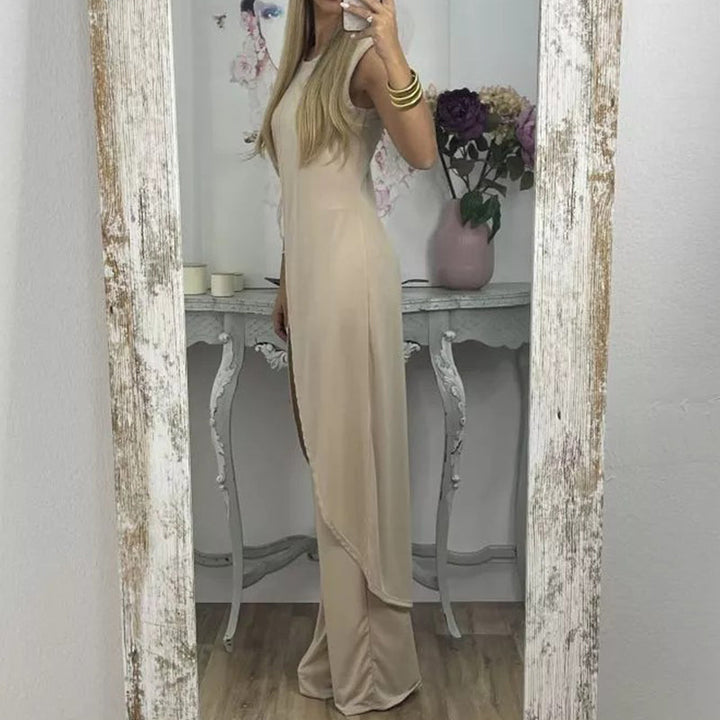 Sylvia tweedelige damesoutfit, elegante top en uitlopende broek, comfortabel en geschikt voor elke gelegenheid.