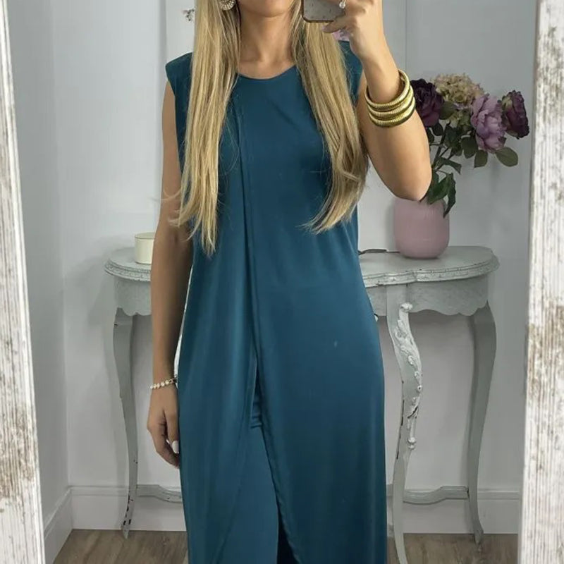 Sylvia tweedelige damesoutfit, elegante top en uitlopende broek, comfortabel en geschikt voor elke gelegenheid.