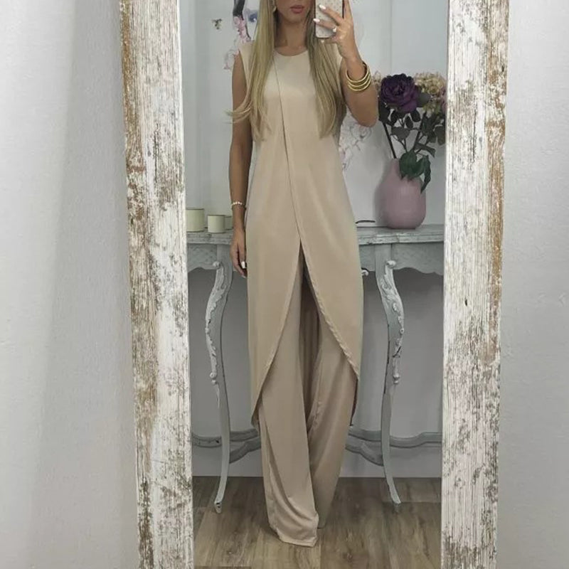 Sylvia tweedelige damesoutfit, elegante top en uitlopende broek, comfortabel en geschikt voor elke gelegenheid.