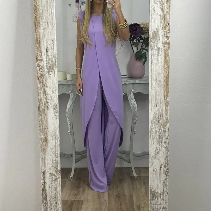 Sylvia tweedelige damesoutfit, elegante top en uitlopende broek, comfortabel en geschikt voor elke gelegenheid.