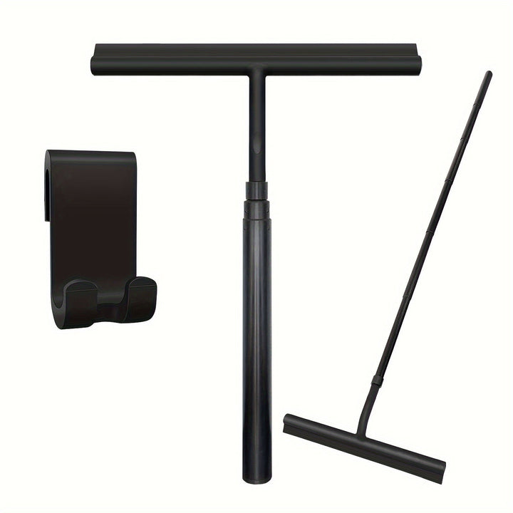 Telescopische douchewisser met uitschuifbare steel, ideaal voor streeploos drogen van douchewanden en vloeren zonder buigen.