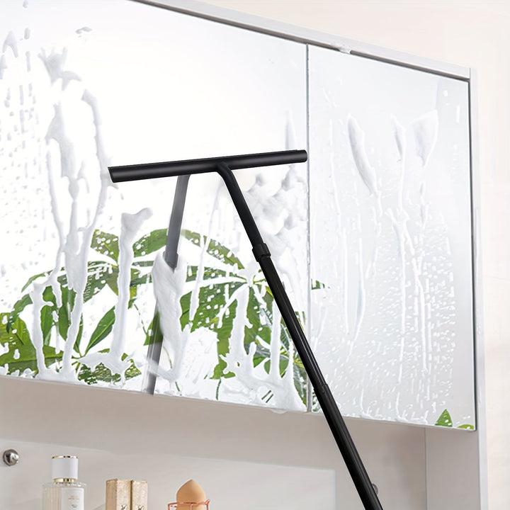 Telescopische douchewisser met uitschuifbare steel, ideaal voor streeploos drogen van douchewanden en vloeren zonder buigen.