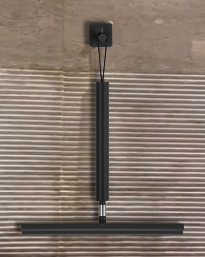 Telescopische douchewisser met uitschuifbare steel, ideaal voor streeploos drogen van douchewanden en vloeren zonder buigen.