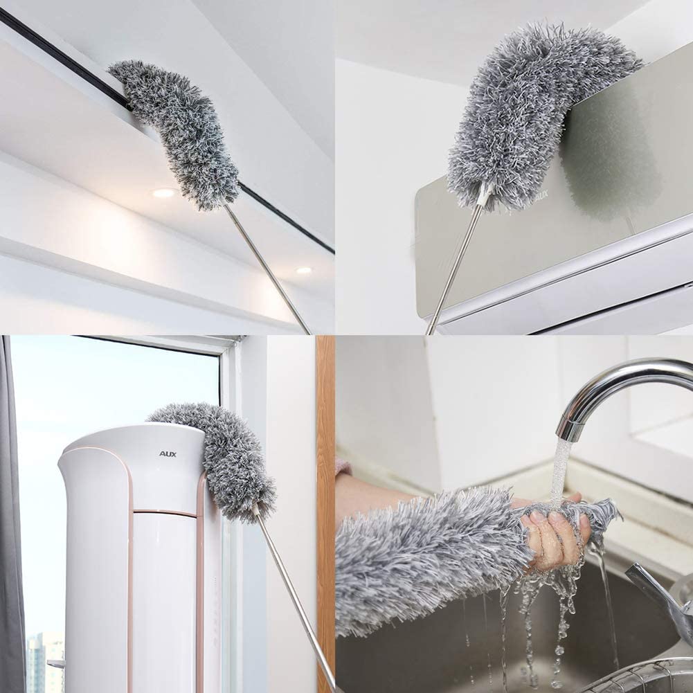 Zachte microvezel pluizen van de ragebol pluimeau, wasbaar en efficiënt voor stof. De perfecte lange steel plumeau.