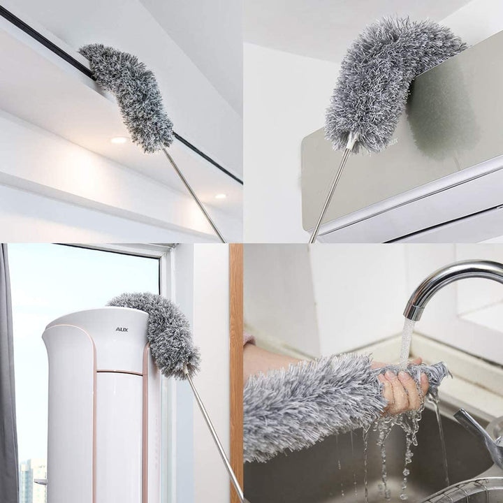 Zachte microvezel pluizen van de ragebol pluimeau, wasbaar en efficiënt voor stof. De perfecte lange steel plumeau.