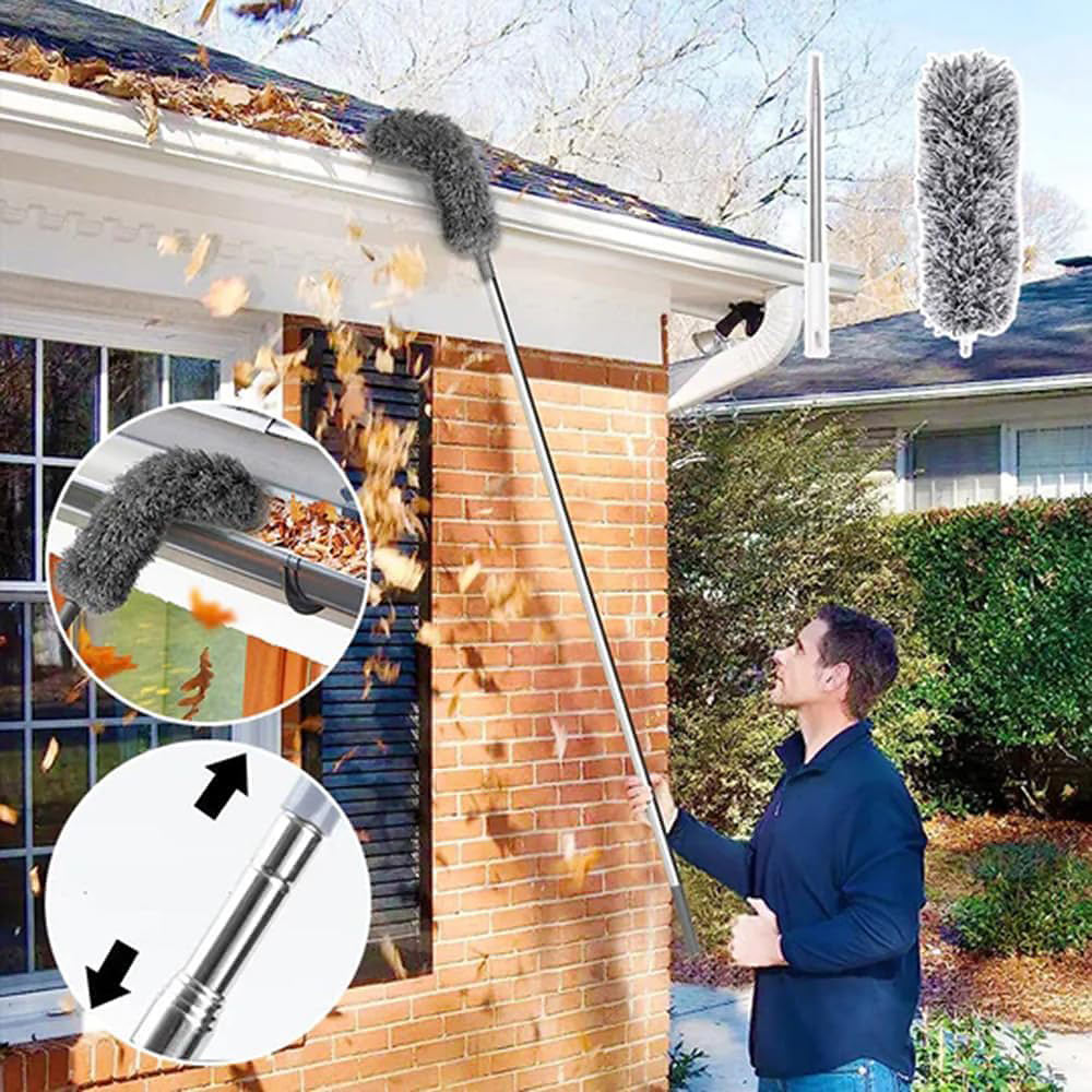 "Telescopische plumeau, uitschuifbaar tot 2,80m, ergonomisch ontwerp, wasbare kop, ideaal voor stofvrij schoonmaken."