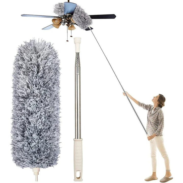 "Telescopische plumeau, verstelbaar van 86 cm tot 2,80 m, ideaal voor hoge plafonds en moeilijk bereikbare plekken."