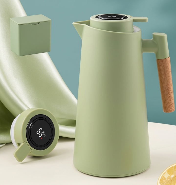 Compacte 1L warmhoudkan met temperatuurweergave; ideaal voor picknicks, reizen of buitengebruik.