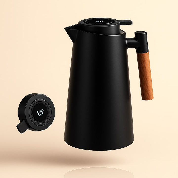 Bovenkant van 1 liter thermoskan met handige schenkdop en heldere digitale temperatuurdisplay.